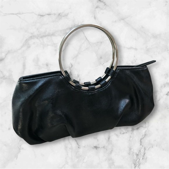 Vintage Mini Black  Leather Hoop Handles Silver Accents Bag - Picture 1 of 10